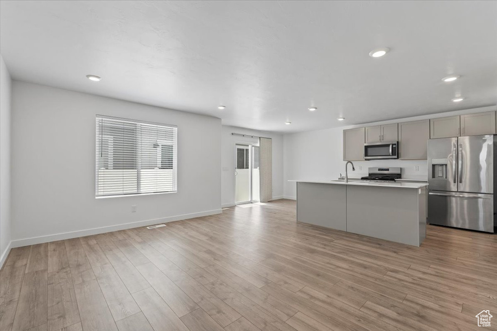 Kitchen with stainless steel appliances, gray cabinets, light countertops, light wood finished floors, and recessed lighting