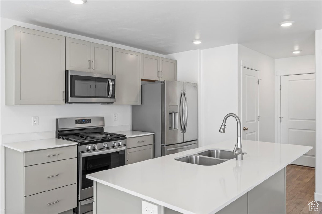Kitchen featuring appliances with stainless steel finishes, gray cabinets, recessed lighting, light wood-type flooring, and a center island with sink