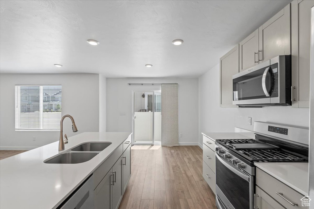 Kitchen with stainless steel appliances, light wood-style floors, light countertops, recessed lighting, and gray cabinetry