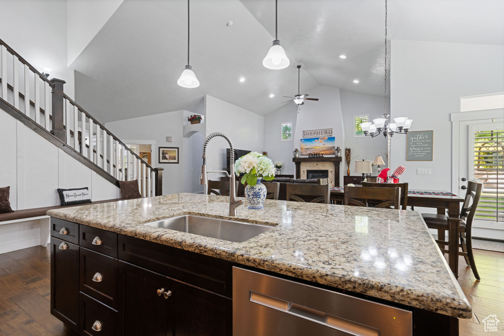 Kitchen featuring a fireplace, a ceiling fan, stainless steel dishwasher, dark wood-type flooring, and open floor plan