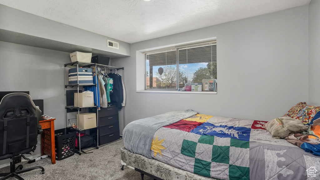 Bedroom featuring carpet flooring, a closet, and a desk
