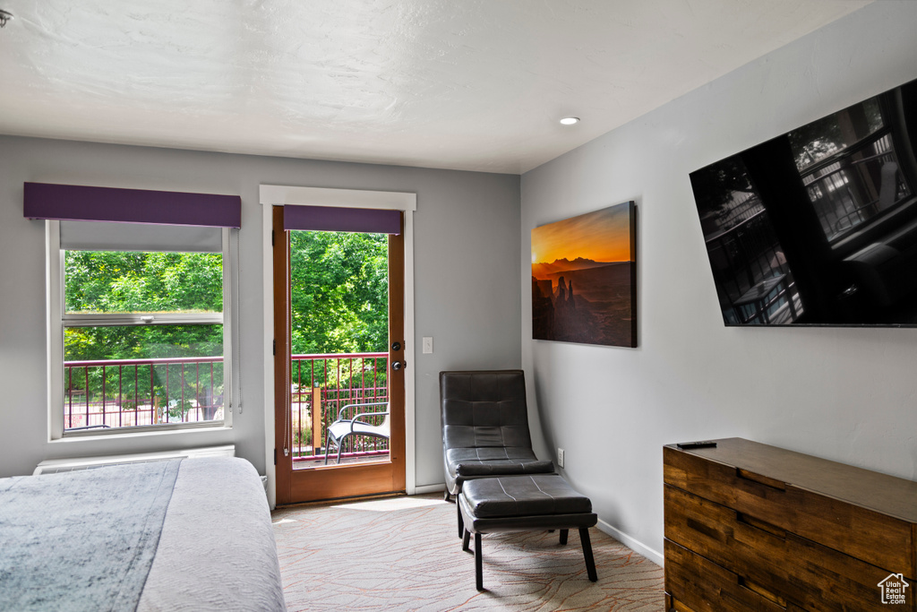 Bedroom with access to outside, carpet, and radiator heating unit