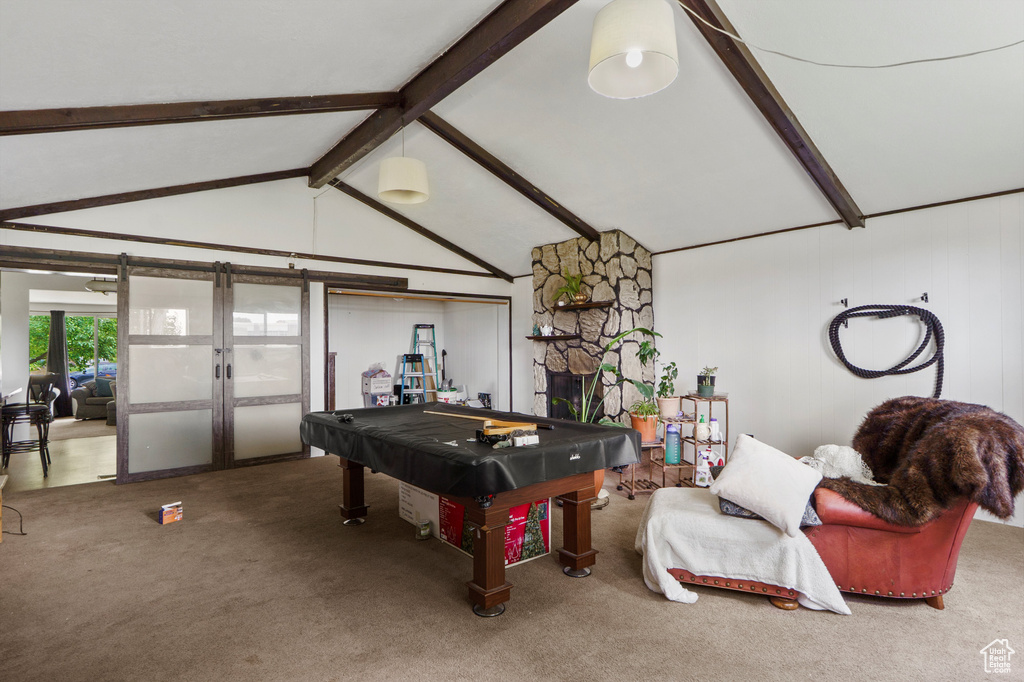 Recreation room with pool table, carpet, and french doors