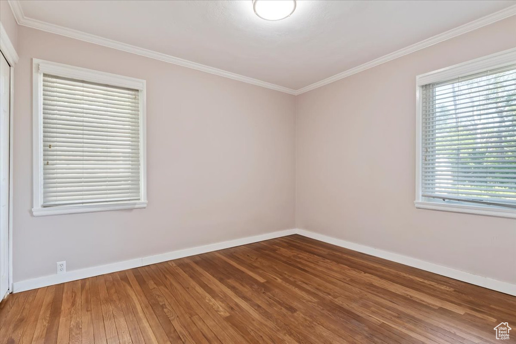 Empty room with plenty of natural light, hardwood / wood-style floors, and crown molding