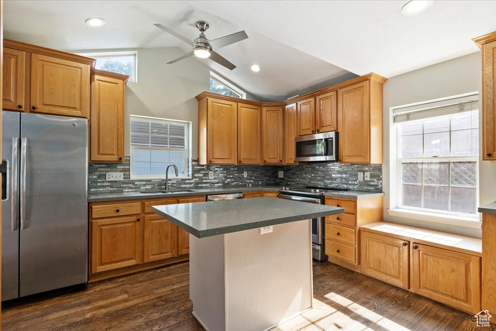 Kitchen with appliances with stainless steel finishes, vaulted ceiling, dark wood-type flooring, ceiling fan, and tasteful backsplash