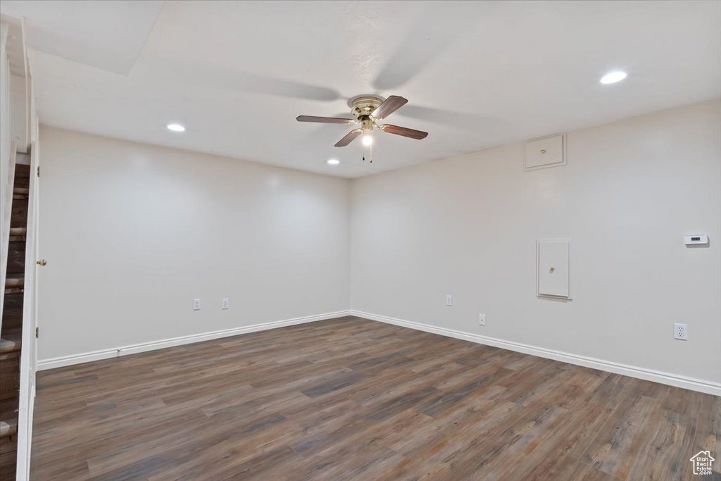 Spare room featuring ceiling fan, wood finished floors, and recessed lighting