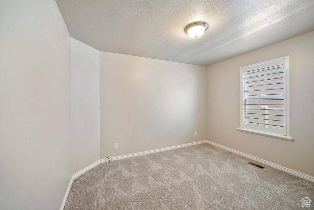 Carpeted empty room with baseboards and a textured ceiling