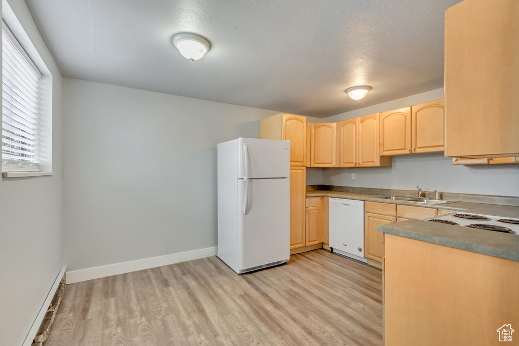 Kitchen featuring white appliances, light brown cabinetry, a sink, light wood-type flooring, and a baseboard radiator