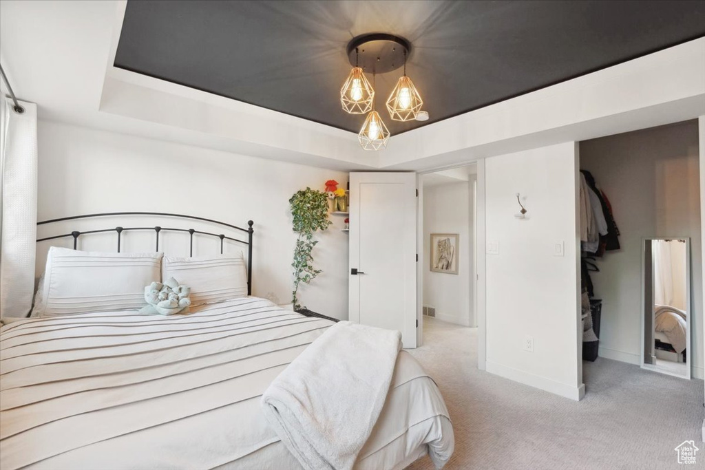 Bedroom with light colored carpet and a tray ceiling