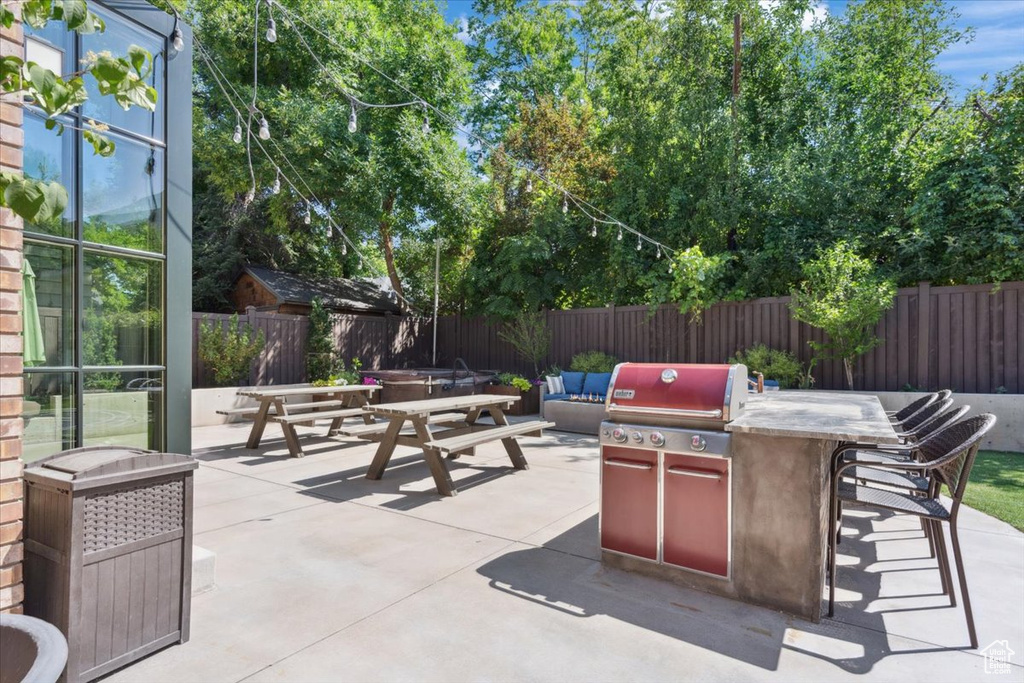 Fenced backyard with a patio area and area for grilling