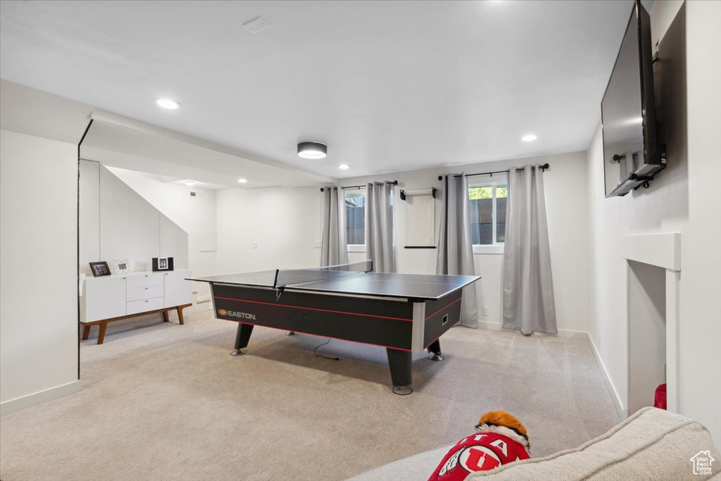 Playroom featuring light colored carpet and recessed lighting