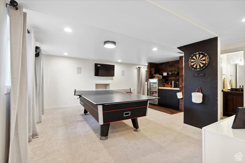 Playroom with light colored carpet and recessed lighting