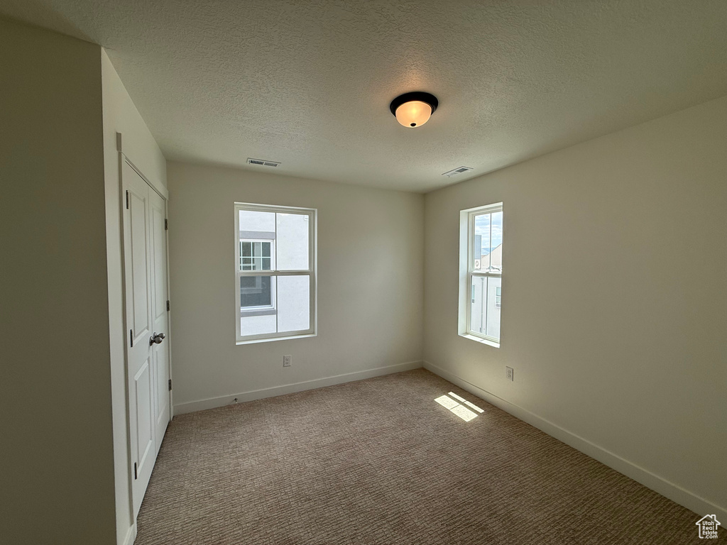Unfurnished bedroom with multiple windows, a textured ceiling, and carpet