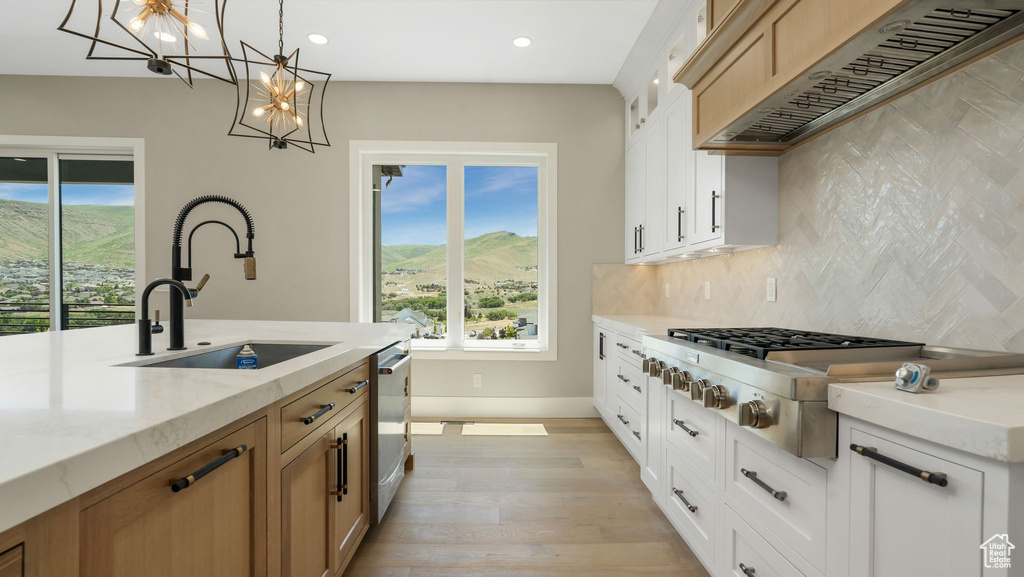 Kitchen with range hood, healthy amount of natural light, appliances with stainless steel finishes, recessed lighting, and backsplash