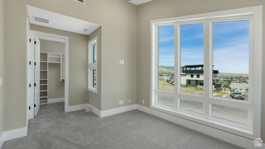 Unfurnished bedroom featuring carpet, multiple windows, a spacious closet, and a closet