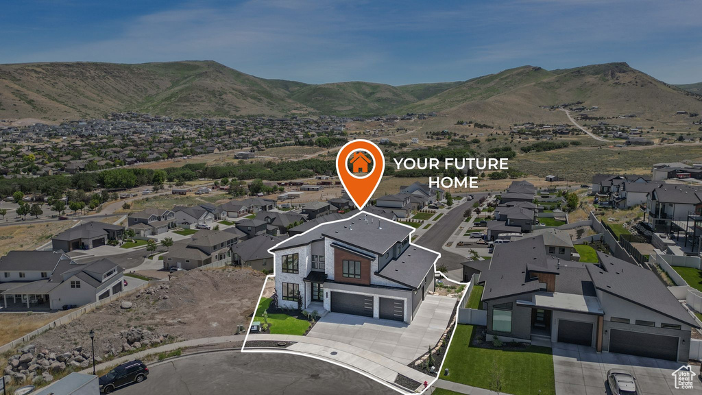 Aerial view of property and surrounding area with nearby suburban area, mountains, and property boundaries highlighted
