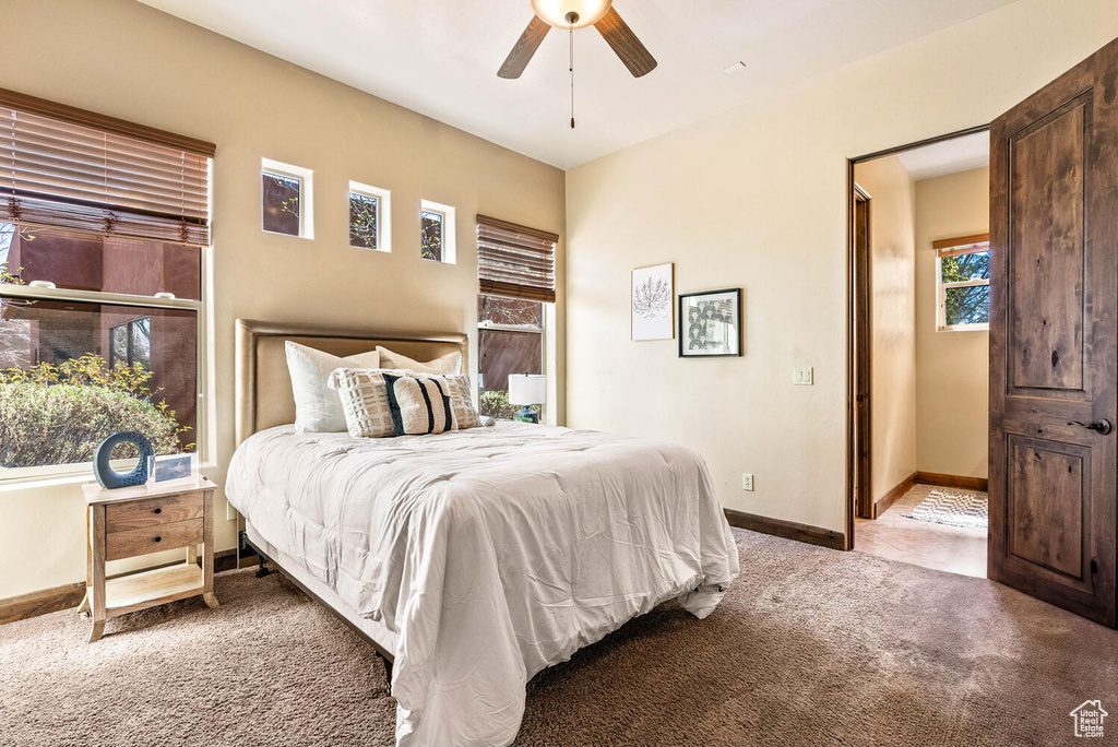 Bedroom featuring carpet floors, multiple windows, and a ceiling fan