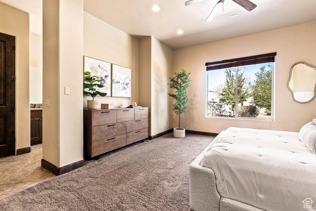 Bedroom with recessed lighting, light carpet, and a ceiling fan