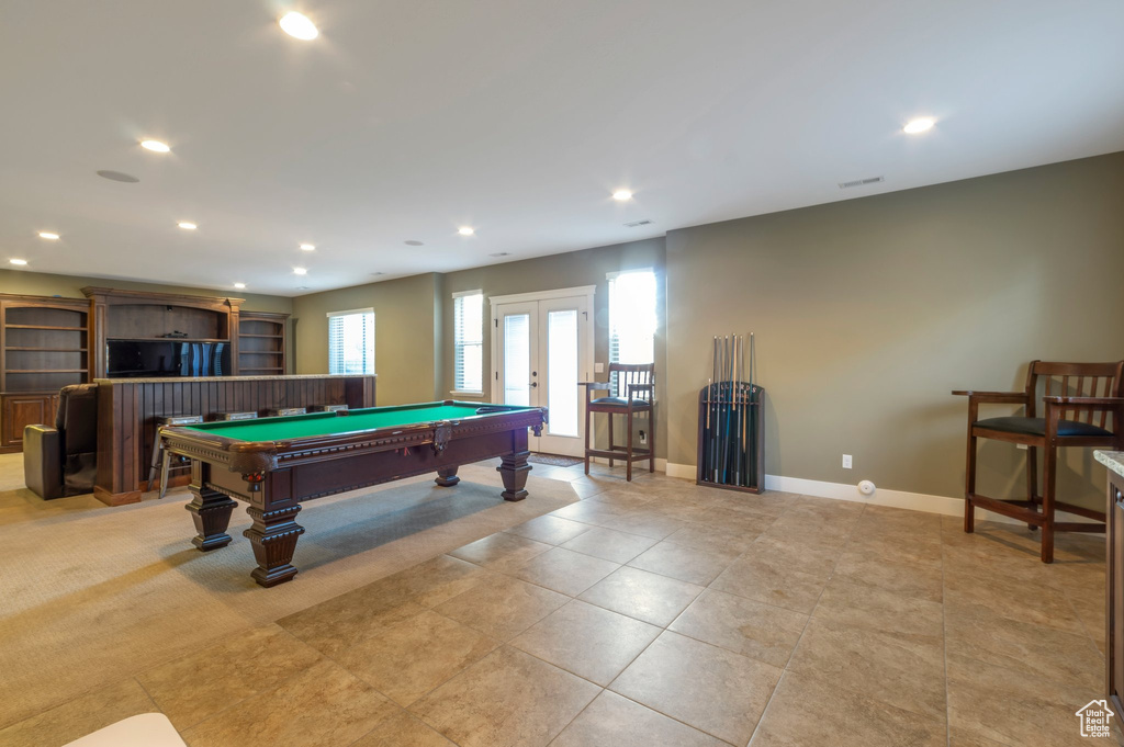 Rec room with french doors, recessed lighting, and billiards