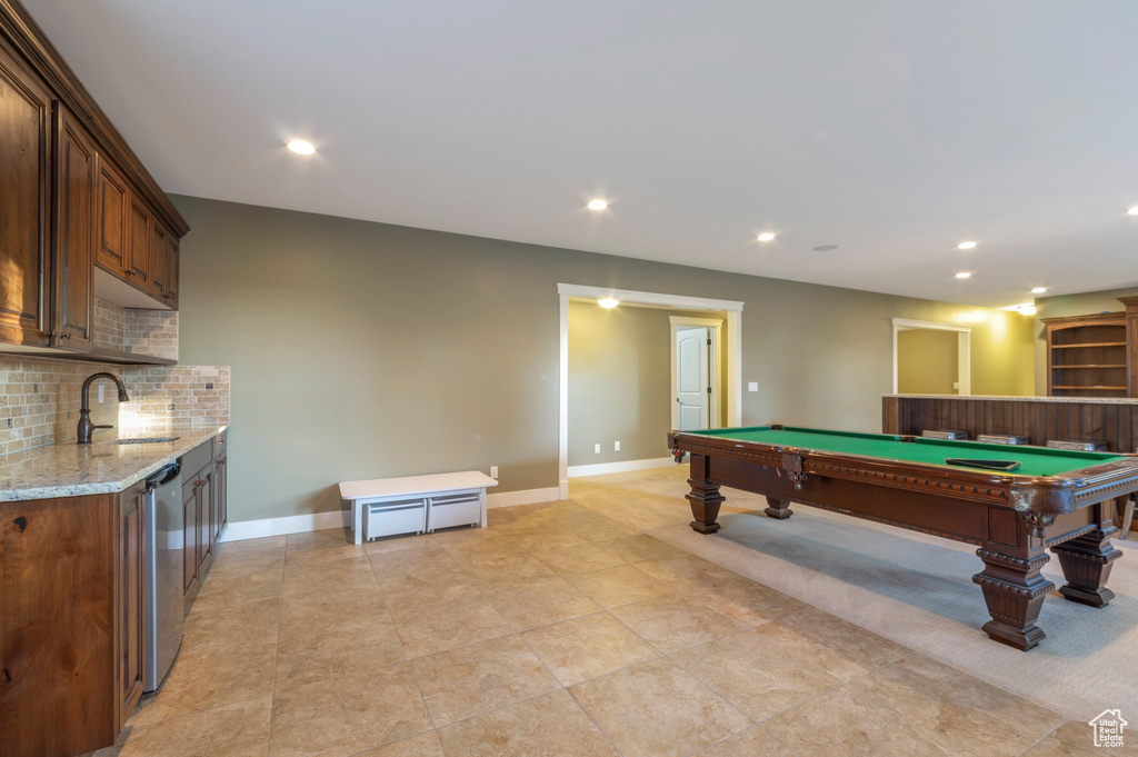 Rec room featuring billiards, recessed lighting, bar area, and light tile patterned flooring