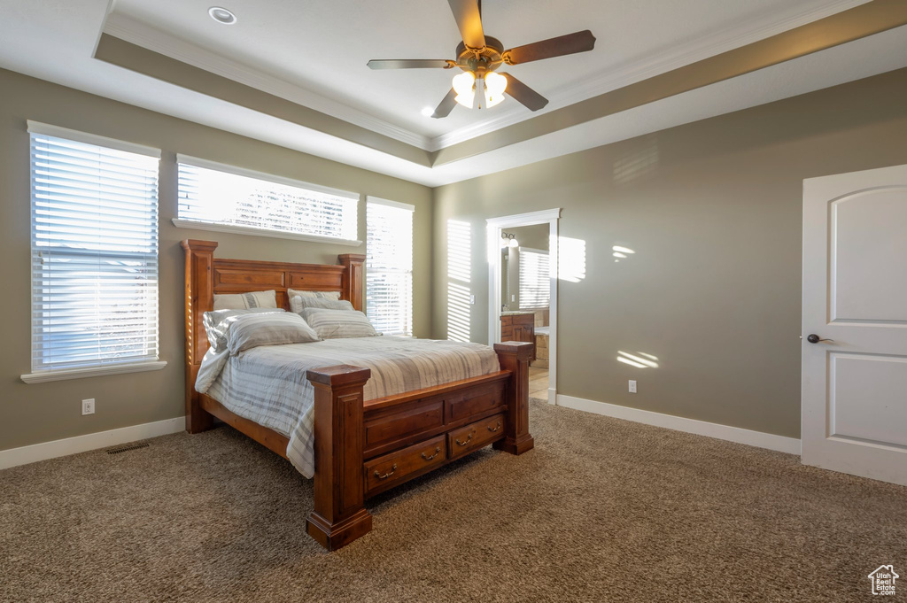 Bedroom featuring crown molding, carpet floors, multiple windows, and a raised ceiling