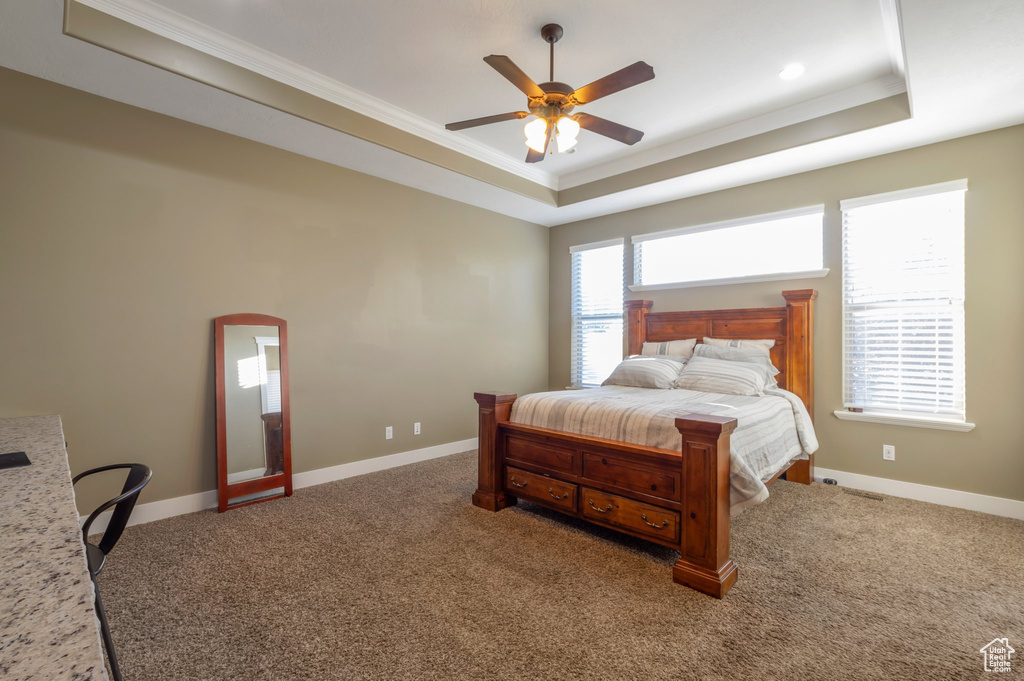 Bedroom featuring ornamental molding, a raised ceiling, and carpet flooring