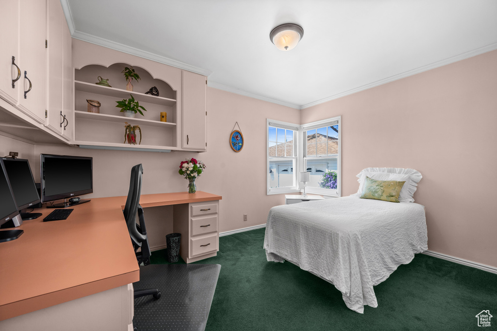 Bedroom featuring dark carpet, ornamental molding, and a desk