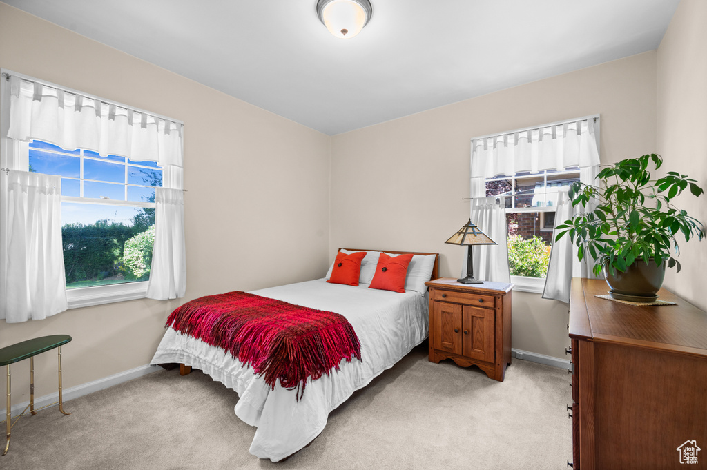 Bedroom featuring multiple windows and light colored carpet