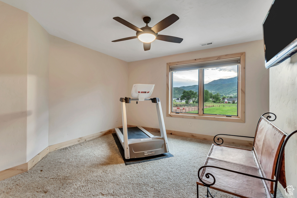 Workout room with carpet flooring, ceiling fan, and a mountain view