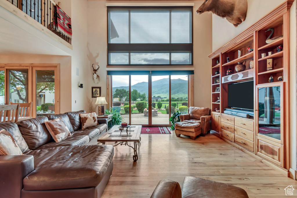 Living area featuring a high ceiling and hardwood / wood-style floors