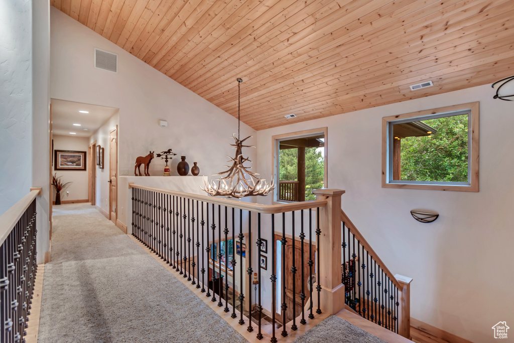 Hall featuring lofted ceiling, a chandelier, and wooden ceiling