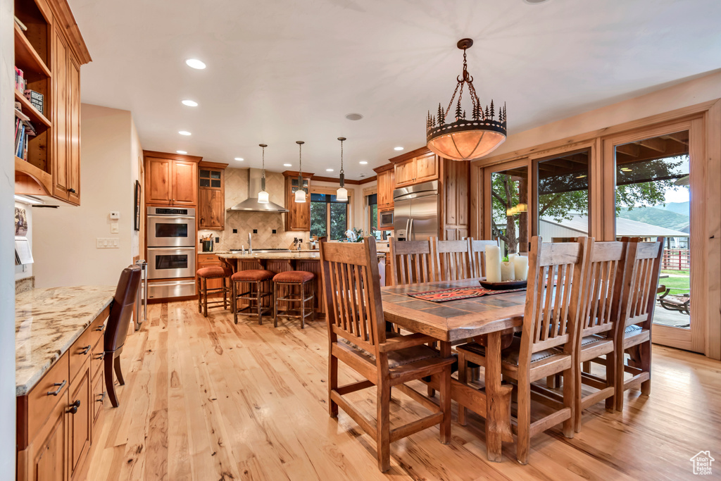 Dining room featuring recessed lighting and light wood-style flooring