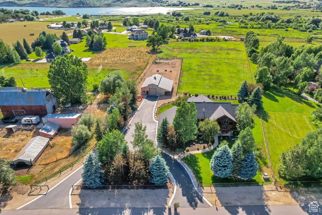 Aerial view of a nearby body of water