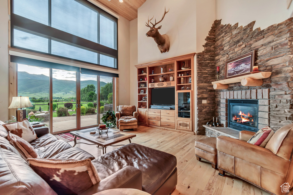 Living room featuring wood-type flooring, a fireplace, and high vaulted ceiling