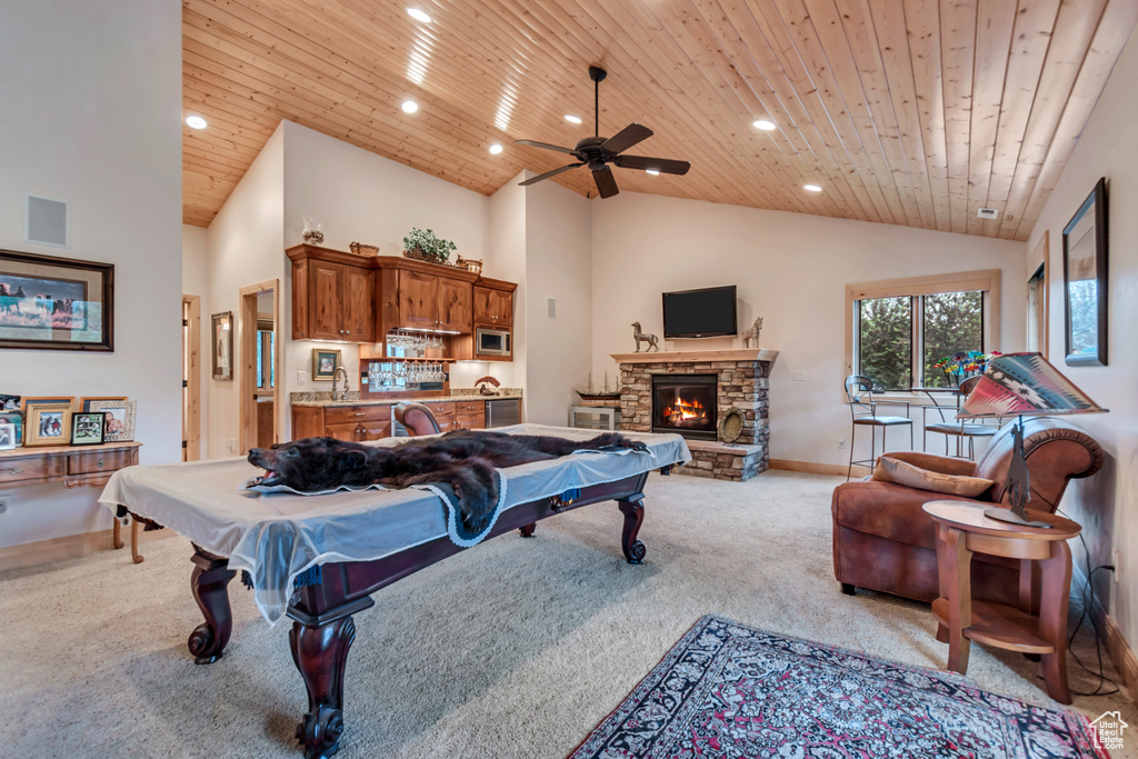 Game room with lofted ceiling, light carpet, wooden ceiling, billiards, and recessed lighting