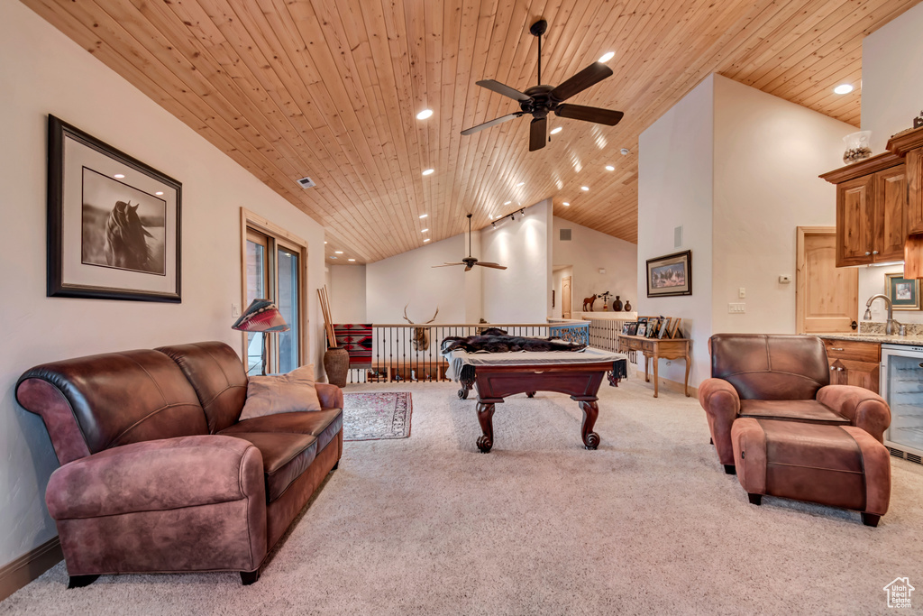 Recreation room featuring ceiling fan, carpet, billiards table, recessed lighting, and vaulted ceiling