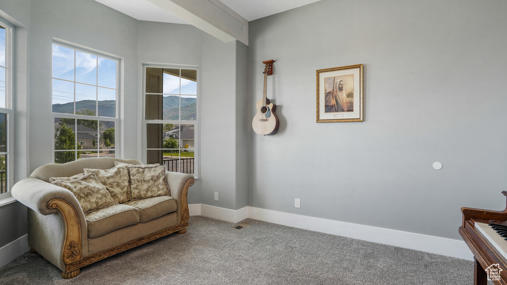 Living area with carpet floors and baseboards
