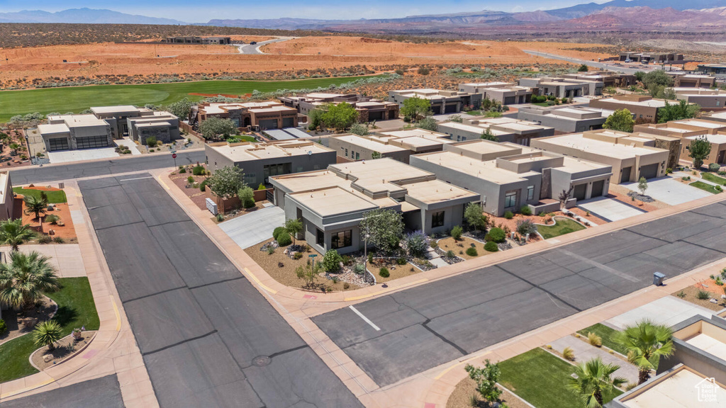 Aerial perspective of suburban area featuring mountains