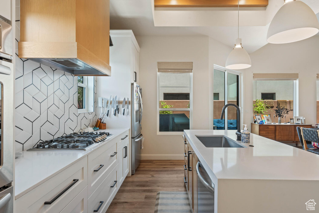 Kitchen with appliances with stainless steel finishes, premium range hood, light wood-type flooring, backsplash, and a center island with sink
