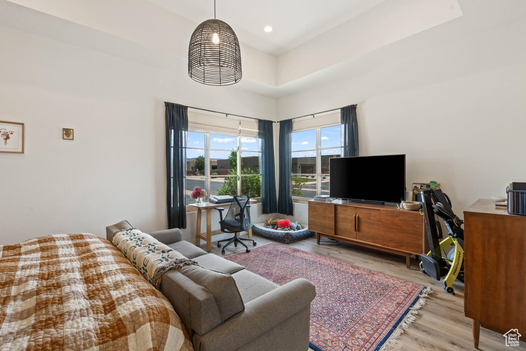Living room featuring light wood-style floors and recessed lighting