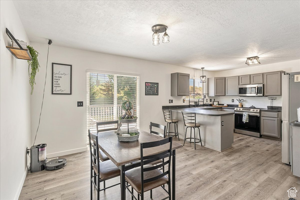 Dining area featuring light wood finished floors, a textured ceiling, and plenty of natural light