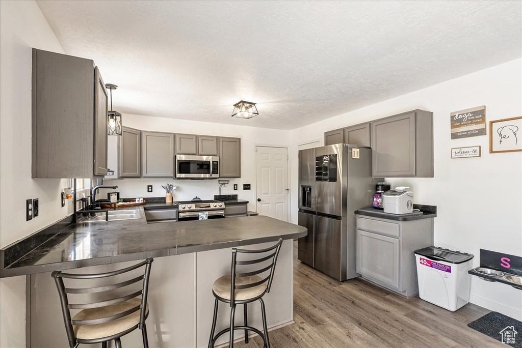 Kitchen with stainless steel appliances, dark countertops, a peninsula, gray cabinetry, and light wood-style flooring