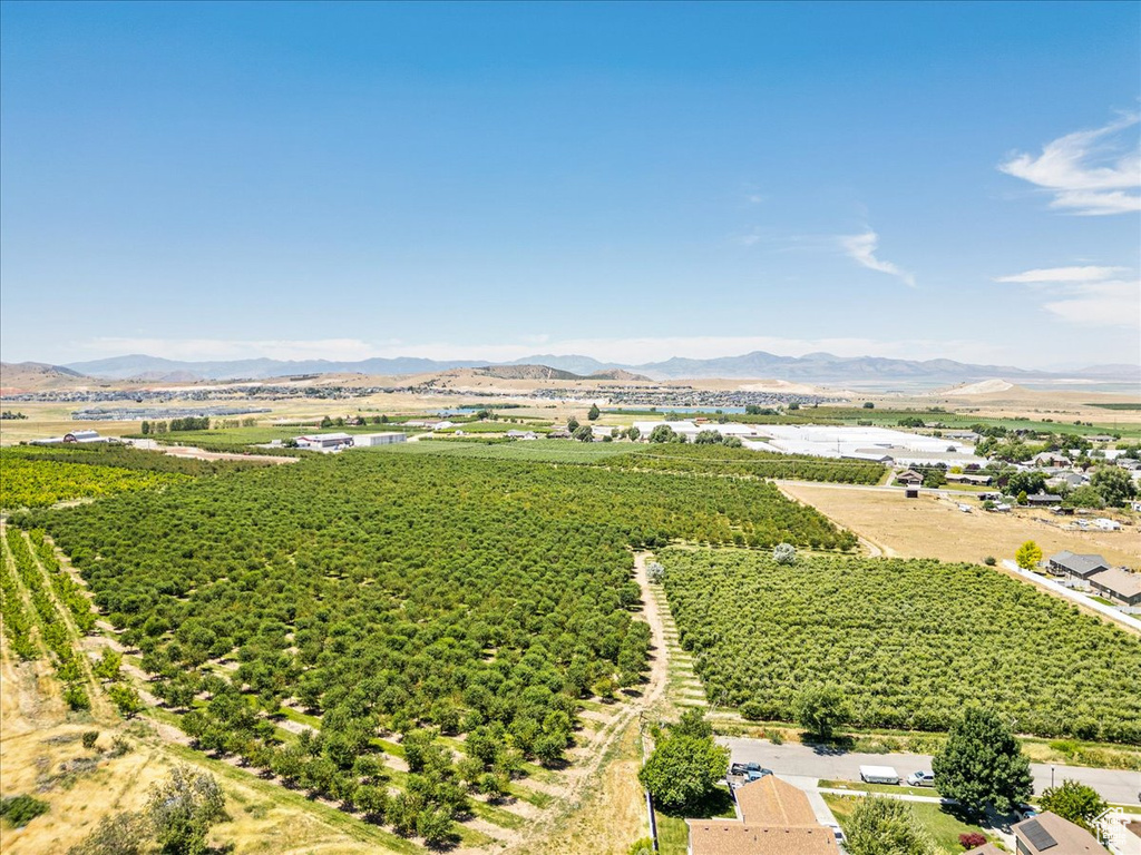 Aerial view of sparsely populated area with mountains and extensive farmland