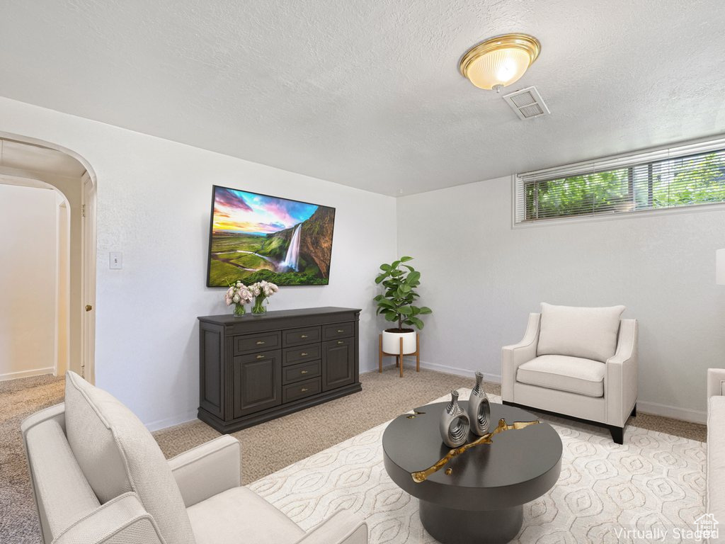 Living room with arched walkways, light colored carpet, and a textured ceiling