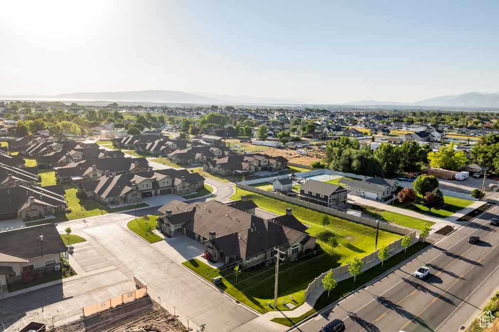 Aerial perspective of suburban area featuring mountains
