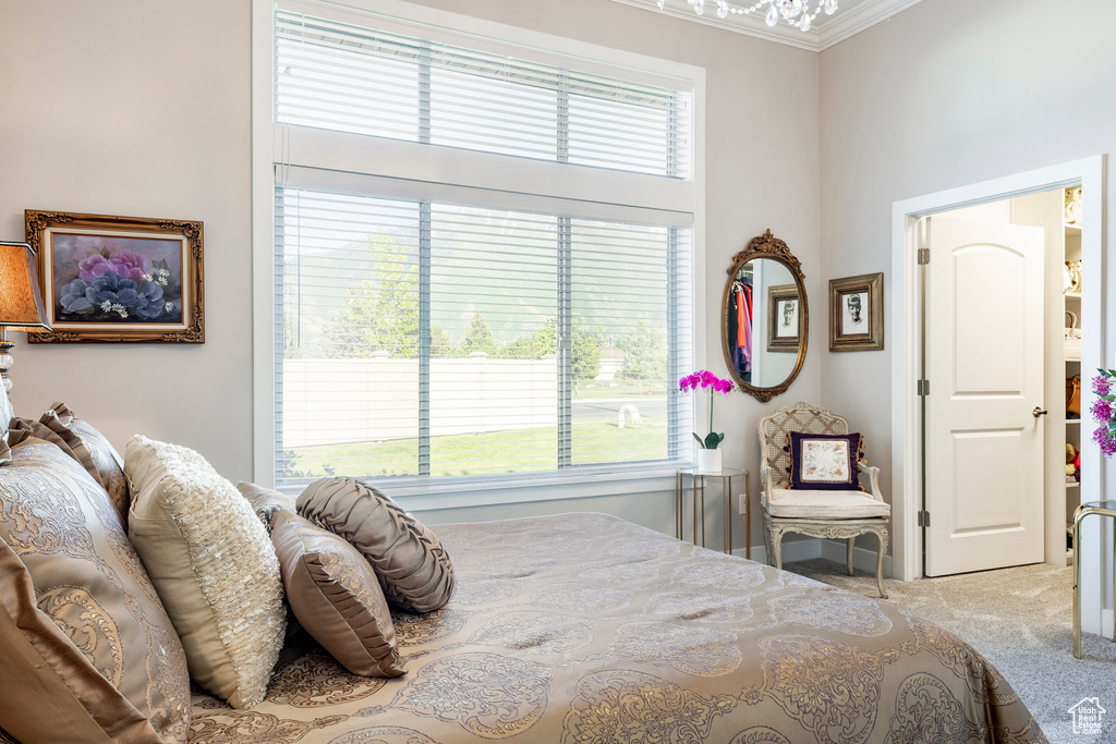 Bedroom featuring carpet and crown molding