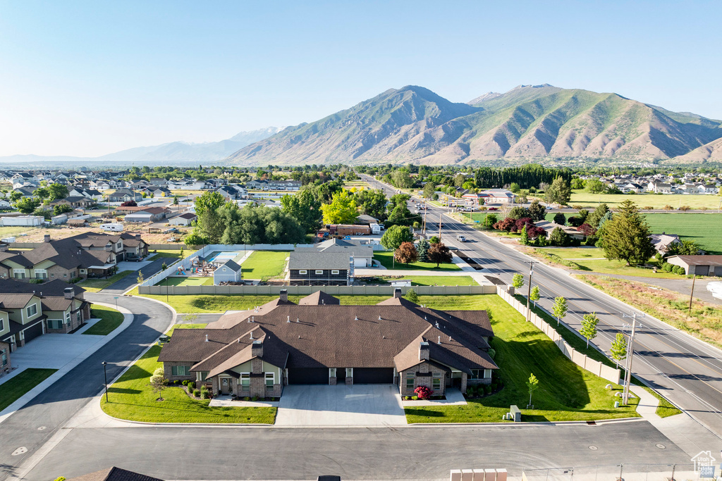 Aerial view of residential area with mountains