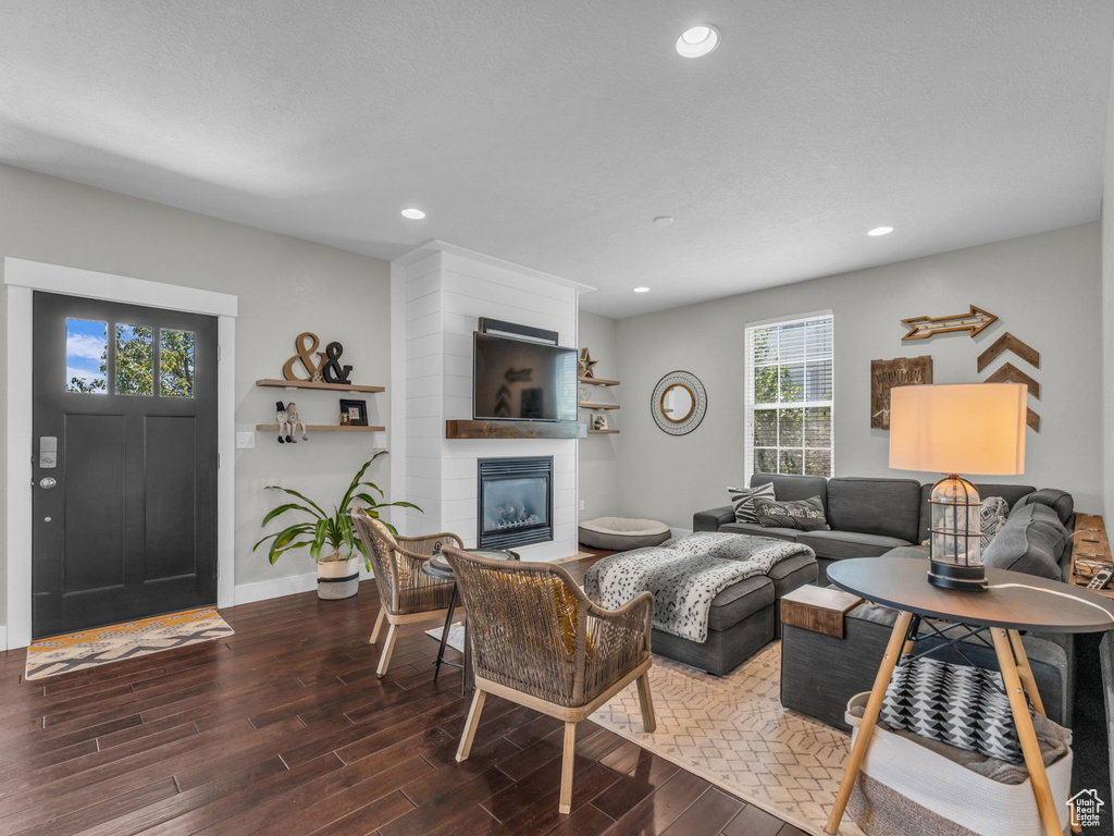 Living room with wood finished floors, a large fireplace, and recessed lighting