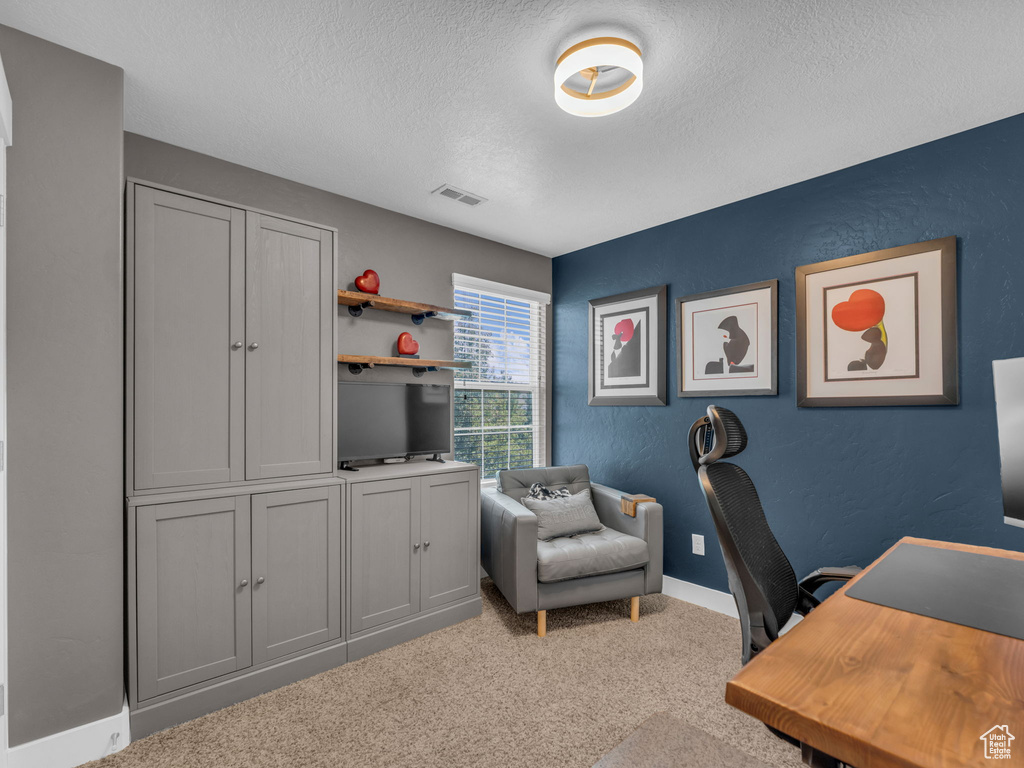 Home office featuring a textured ceiling and light colored carpet