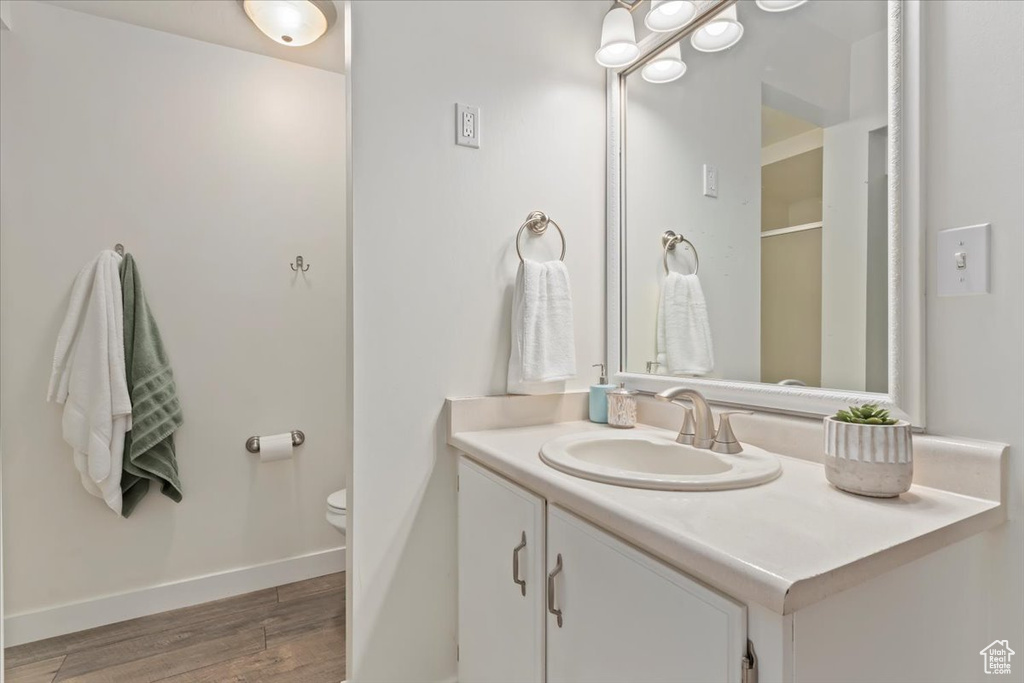 Bathroom featuring vanity, wood finished floors, and a shower with door